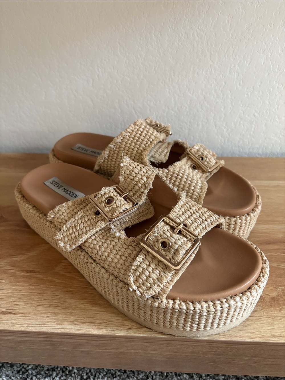 Steve Madden Natural Woven Dual Buckle Platform Slides - Picture 5 of 5